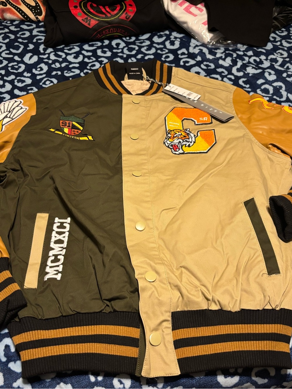 Men's Olive & Tan Varsity Bomber Jacket with Tiger Patch